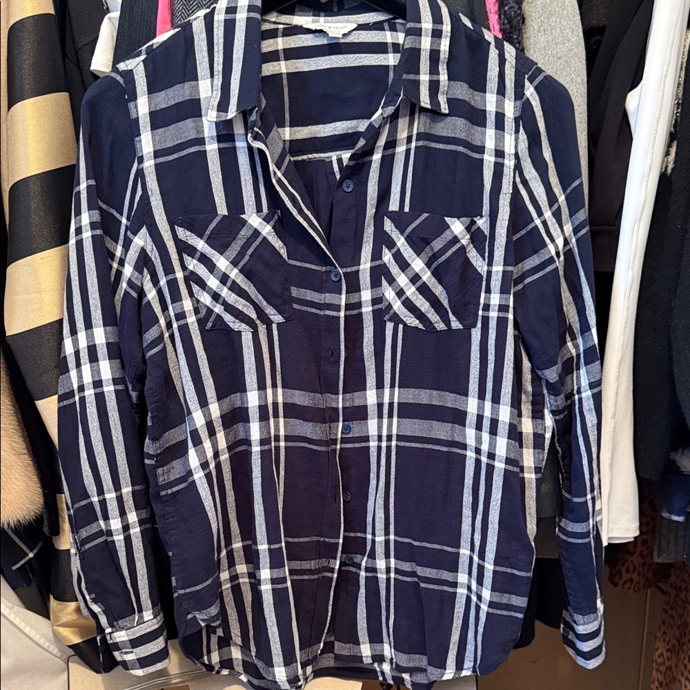 Lucky Brand Navy and White Plaid Button-Up Shirt